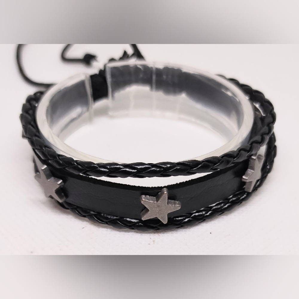 Men's‎ Bracelet Leather Stars Braided Layered Black NEW f42